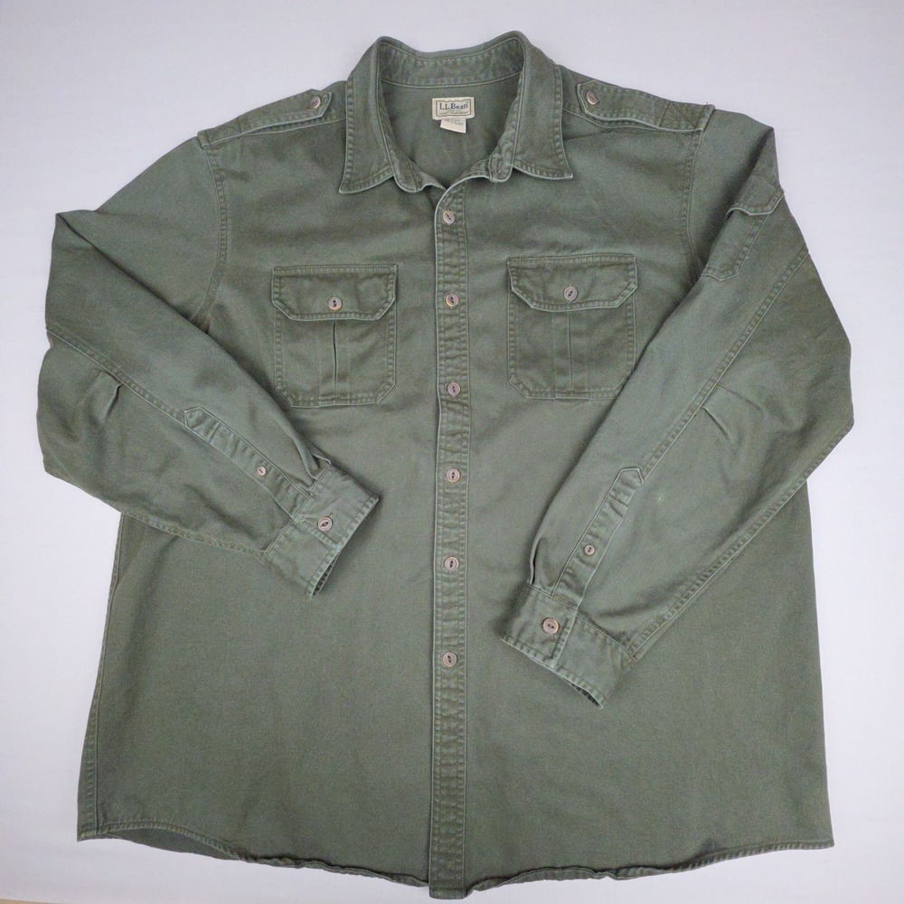 LL Bean Military Field Shirt Mens XL Green Epaulets Safari Hunting Utility